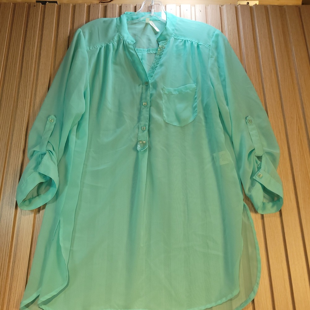 Truth NYC Womens Mint Green Sequin Trim Sheer Chiffon Roll Tab Sleeve Tunic L